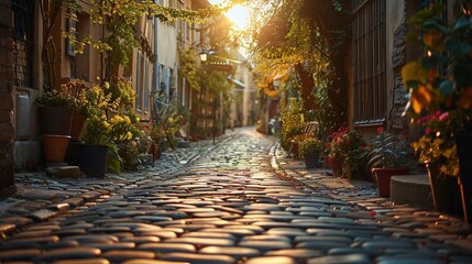 quaint European cobblestone alley bathed in soft morning light, a hidden gem telling stories of daily life in historic towns
