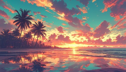 A vibrant sunset over the palm trees on an exotic beach, with a colorful sky and reflections in the water - obrazy, fototapety, plakaty