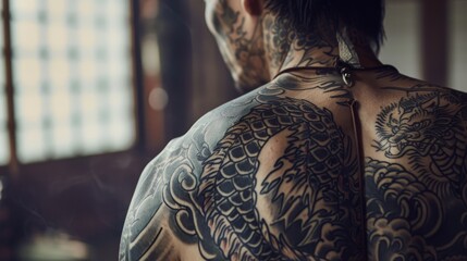 Close-up of a Yakuza member's tattooed back, intricate ink telling stories of loyalty and violence in hushed tones - obrazy, fototapety, plakaty