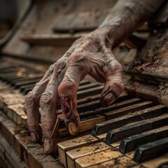 Close-up of a zombie's hand playing a dusty, out-of-tune piano in a derelict concert hall