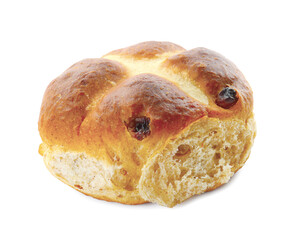 One tasty hot cross bun with raisins isolated on white