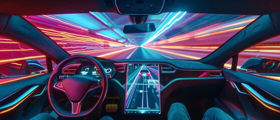 Cross-section of an autonomous car system, highlighted tech in neon, amidst a high-speed tunnel blur