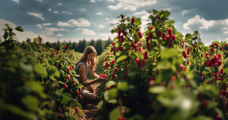 a young woman  in a dress picks raspberries on a plantation