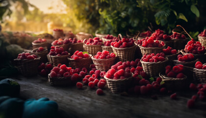 harvest of juicy raspberries in baskets - obrazy, fototapety, plakaty