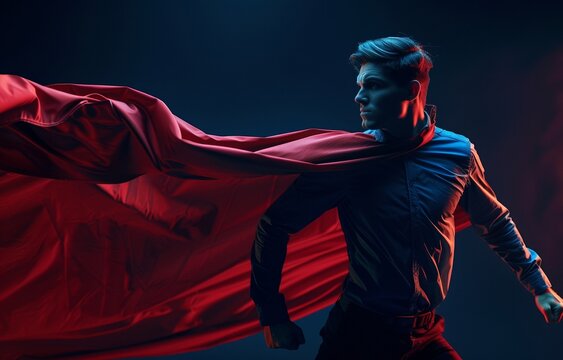 Dynamic young hero in blue, striking a powerful pose with a flowing crimson cape