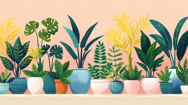 An elegant and stylized illustration of assorted indoor plants in colorful pots, neatly lined up against a soft peach background, conveying serenity and order.