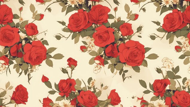 A vintage-style floral pattern with red roses and a cream background