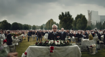 military man at a military funeral on a cloudy day - obrazy, fototapety, plakaty