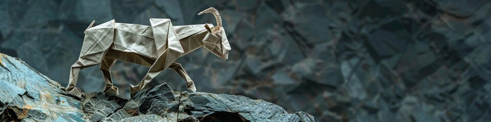 Roaming the realistic rocky terrain, an origami mountain goat expertly navigates the steep slopes, its folded form sturdy and agile - obrazy, fototapety, plakaty