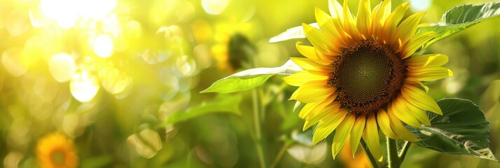 Beautiful sunflower in the field on blurred background with copy space, summer concept