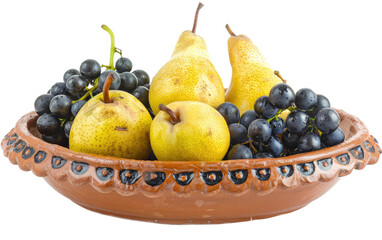 Vibrant Array: Yellow Pears and Colorful Grapes on a Clay Plate isolated on transparent Background