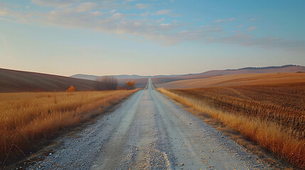 Fototapeta na wymiar A gravel road cutting through rolling farmland