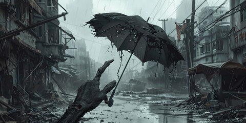 Zombie's hand holding a tattered umbrella in a deserted, storm-wrecked street - obrazy, fototapety, plakaty