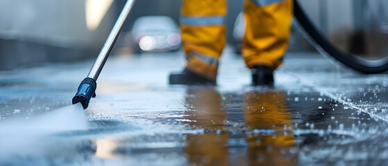 Using a pressure washer for deep cleaning a driveway. Concept Driveway Cleaning, Pressure Washer Tips, Deep Cleaning Techniques, Stubborn Stains, Outdoor Maintenance - obrazy, fototapety, plakaty