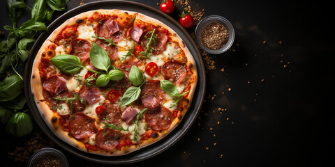 Fototapeta na wymiar Top view of Diablo pizza with tomato sauce, mozzarella, spicy salami, peppers, and onion, with copy space, dark concrete background Menu concept. Delicious tasty Italian food diet