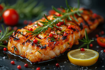 Close-up photograph showcasing grilled seafood against a dark backdrop, displayed on an elegant table. Rendered in hyper-realistic style, capturing the crispy, tasty.