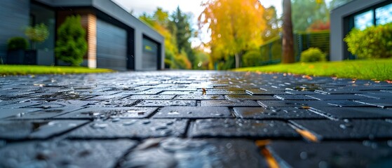 Closeup of brick sealant protecting driveway in modern home build. Concept Home Renovation, Driveway Sealant, Modern Design, Close-Up Photography - obrazy, fototapety, plakaty