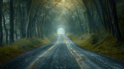 A gravel road disappearing into a tunnel of arching trees