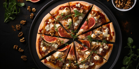Top view of fruit pizza with tomato sauce, mozzarella, pears, gorgonzola, and walnuts, with copy space, dark concrete background Menu concept. Delicious tasty Italian food diet