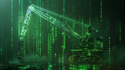 Obraz premium digital green crane with glowing data streams symbolizes the utilization of ai in heavy machinery operation and industrial logistics, improving safety and efficiency in construction.