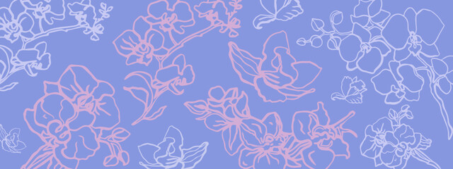 Isolated hand drawn vector orchid flowers. Outline sketch. Pink and purple orchid flower branch with buds and flowers on a blue background. Romantic. Floral banner.