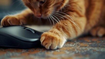 Closeup of a Ginger Tabby Cat Paw Curiously Investigating a Computer Mouse on a Desk