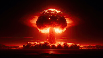 Explosion Nucléaire apocalyptique, ciel rouge orangé - obrazy, fototapety, plakaty