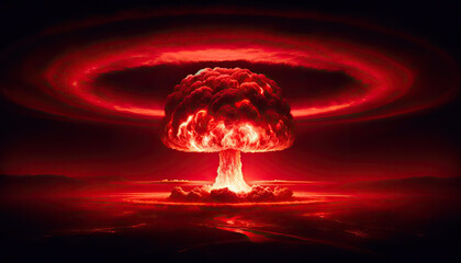 Explosion d’une bombe Nucléaire terrifiante, ciel rouge - obrazy, fototapety, plakaty