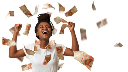 South african rand notes falling, raining on young black African woman with braids excited amazed suprised jubilating with hands in the air, winner celebration over transparent background, copy space