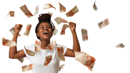 South african rand notes falling, raining on young black African woman with braids excited amazed suprised jubilating with hands in the air, winner celebration over transparent background, copy space