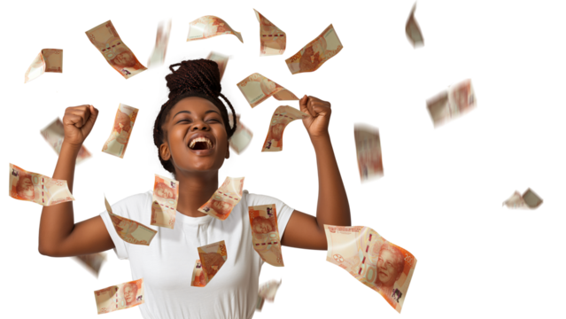 South african rand notes falling, raining on young black African woman with braids excited amazed suprised jubilating with hands in the air, winner celebration over transparent background, copy space
