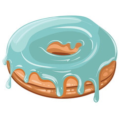 A delicious, fresh donut with a glossy mint glaze. Vector isolated image. Delicious sweet pastries. Donut advertisement