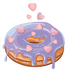 Delicious romantic fresh donut with glossy lilac glaze and hearts decoration. Vector isolated image. Delicious sweet pastries. Donut advertisement