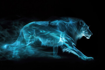 Obraz na płótnie Canvas A striking visual of a lion portrayed with glowing lines suggesting movement or an ethereal presence