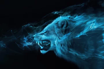 Deurstickers A powerful display of a lion's head portrayed with a digital glow, symbolizing nobility and the ethereal © Fxquadro