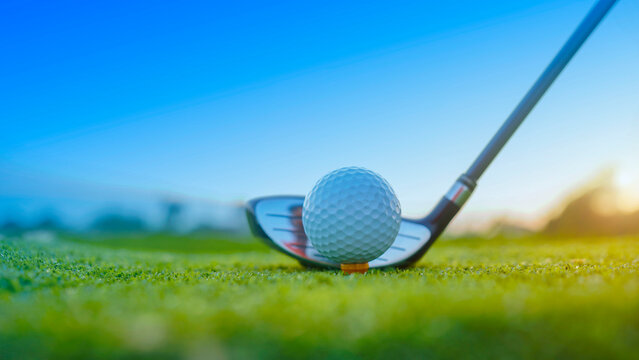 Golf clubs and golf balls on a green lawn in a beautiful golf course with morning sunshine.