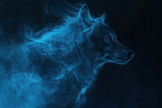 Ethereal profile of a wolf enveloped in a ghostly blue haze, provoking thoughts of wilderness, spirits, and serene mystery