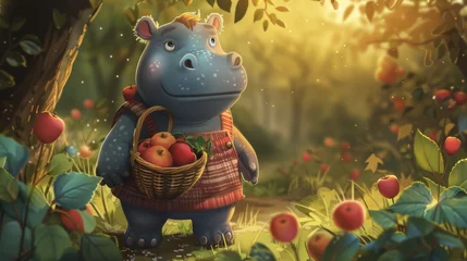 Foto op Plexiglas A cartoon hippo with a basket of apples in the woods, AI © starush
