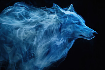 Obraz na płótnie Canvas A beautiful profile image of a wolf highlighted by a striking blue smoky effect, creating depth and drama