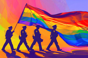 Silhouette police officers players leading holding a vibrant rainbow flag. - obrazy, fototapety, plakaty