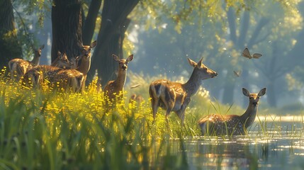 A herd of deer grazing peacefully in a sun-dappled meadow - obrazy, fototapety, plakaty