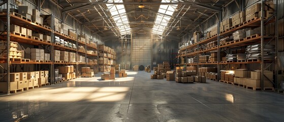An industrial warehouse setting with shelves, boxes, and concrete floors, 3D VFX - obrazy, fototapety, plakaty
