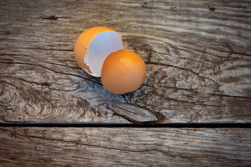 Broken egg shell on wooden board. Chicken egg shells for natural fertilizers. Ecological Calcium