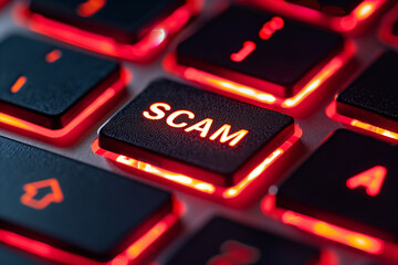 Close up red LED glowing keyboard scam button 