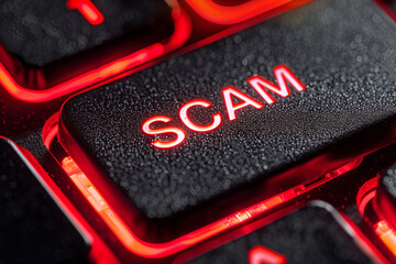 Close up red LED glowing keyboard scam button 