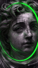 Roman marble head illustration with green neon circle. - obrazy, fototapety, plakaty