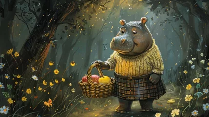 Gardinen A hippo with basket of apples in the woods, AI © starush