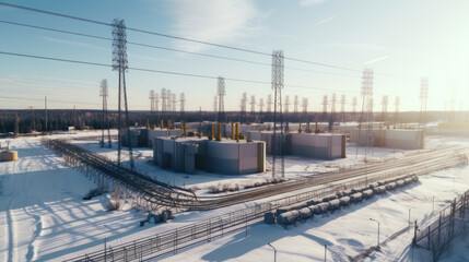 Fototapeta na wymiar Power plant with powerful transformers and power lines.