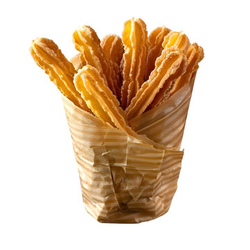 Churros wrapped in paper to take away. Isolated with Transparent background. Spanish dessert for menu, restaurants, banners, delivery, design.