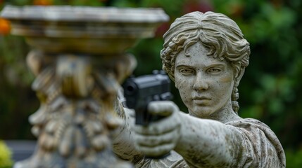 Fototapeta premium A statue holding a gun in front of an ornate vase, AI